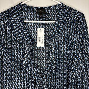 WORTHINGTON NEW Wrap Blouse XL 3/4 Sleeve V-Neck Black Blue White Ruffle XL